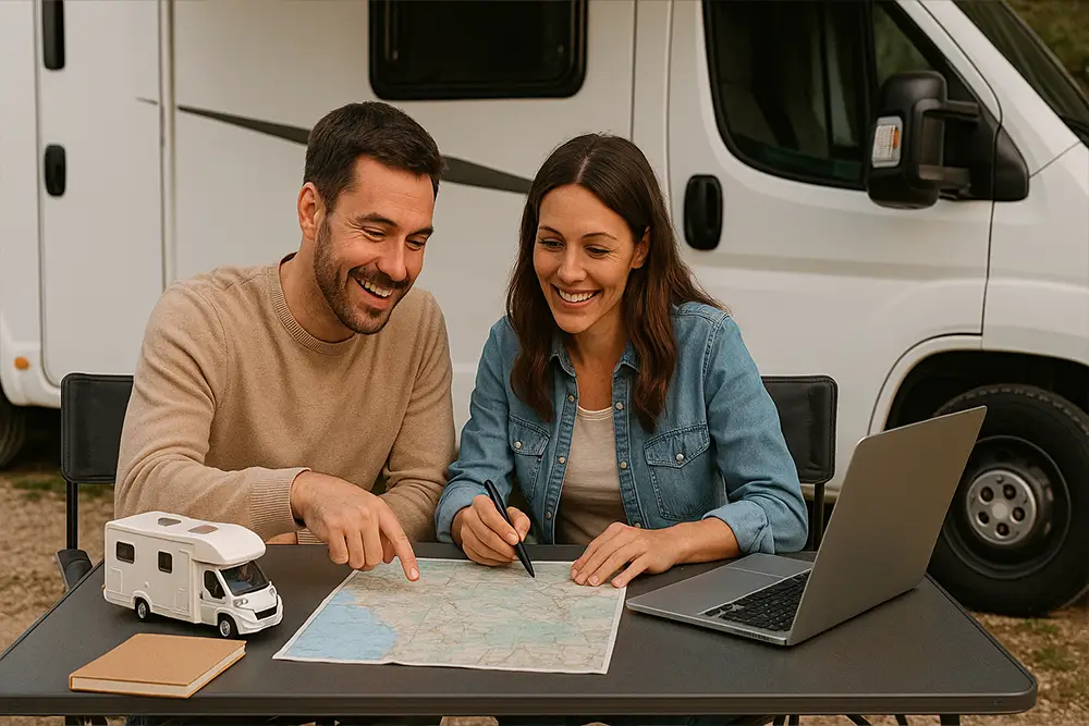 Couple heureux planifiant un voyage en camping-car