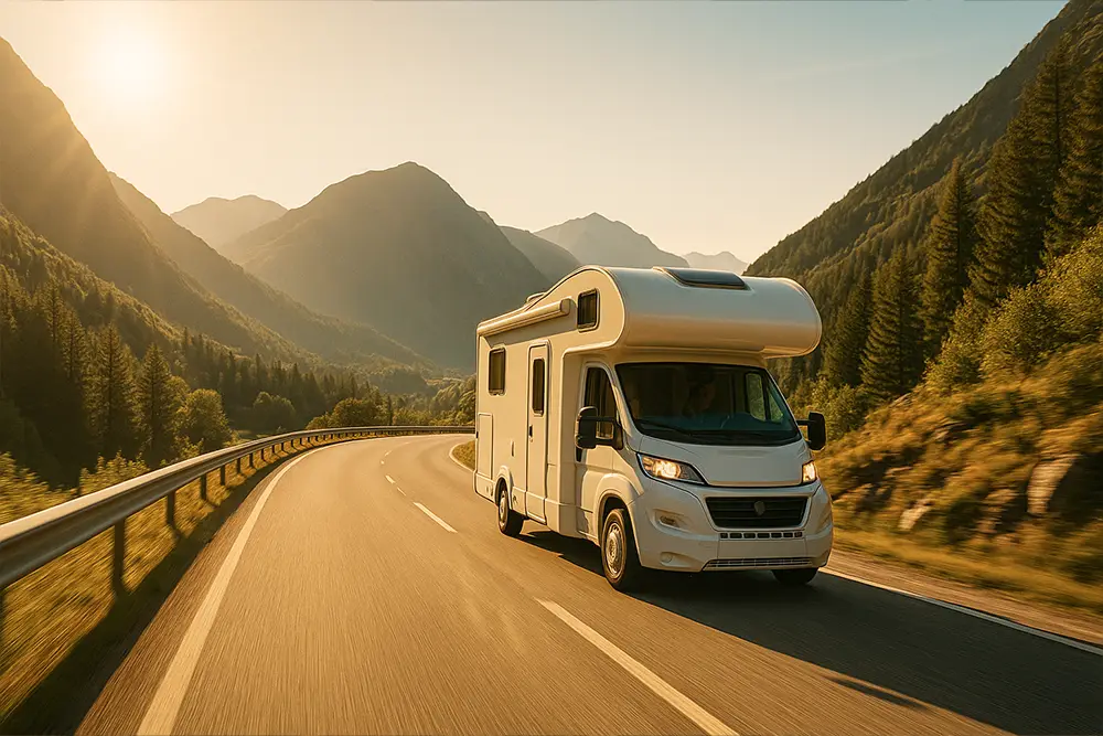 Camping-car sur une route de montagne, symbole de liberté