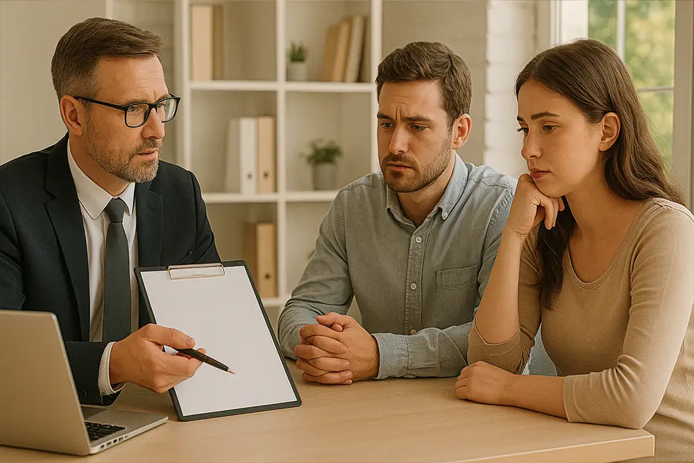 Couple discutant des démarches de divorce avec un conseiller ou un médiateur