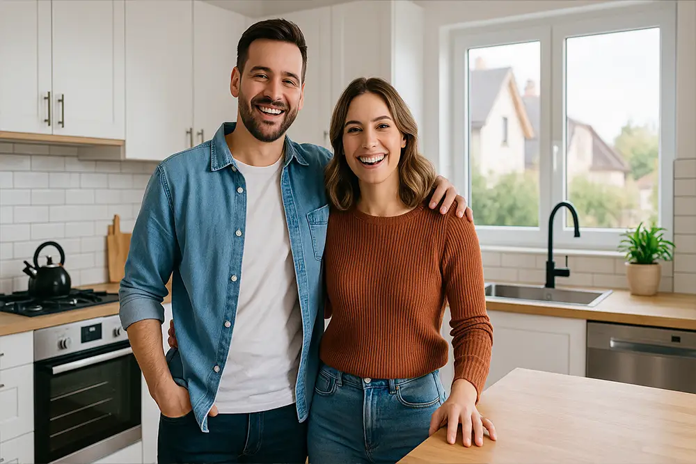 Couple heureux dans leur nouvelle cuisine équipée grâce à un prêt électroménager