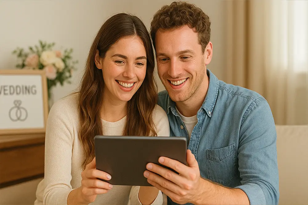 Couple souriant qui planifie le budget de son mariage sur un ordinateur portable