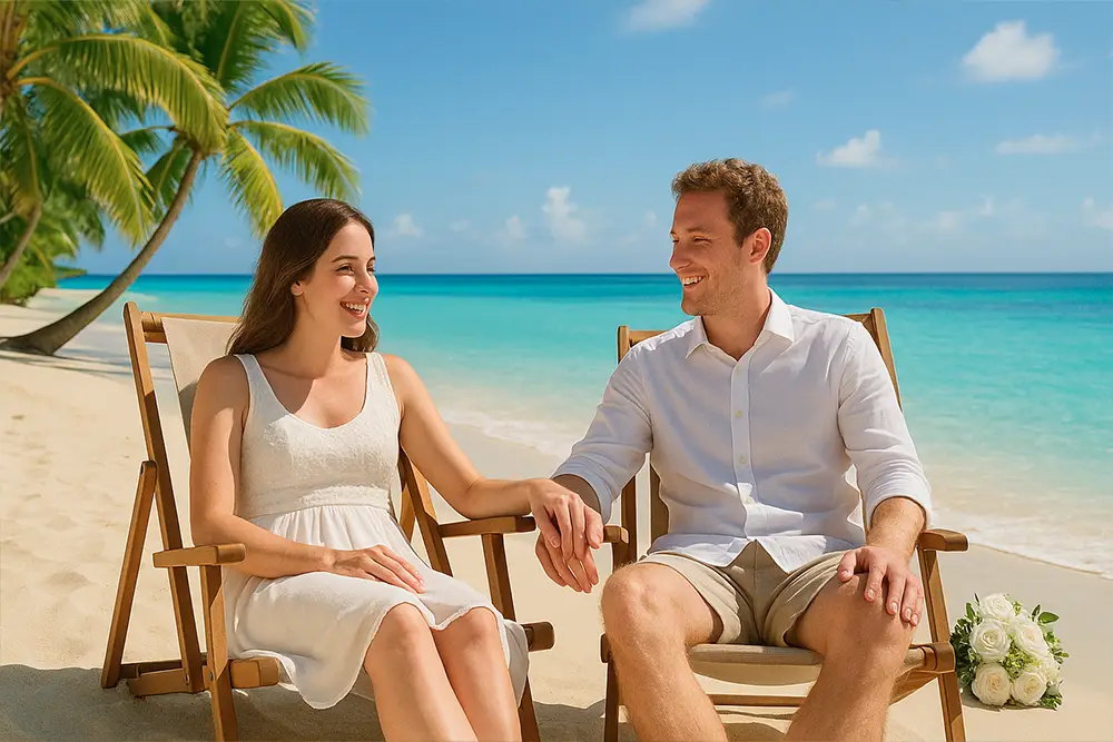 Couple heureux regardant vers l'avenir