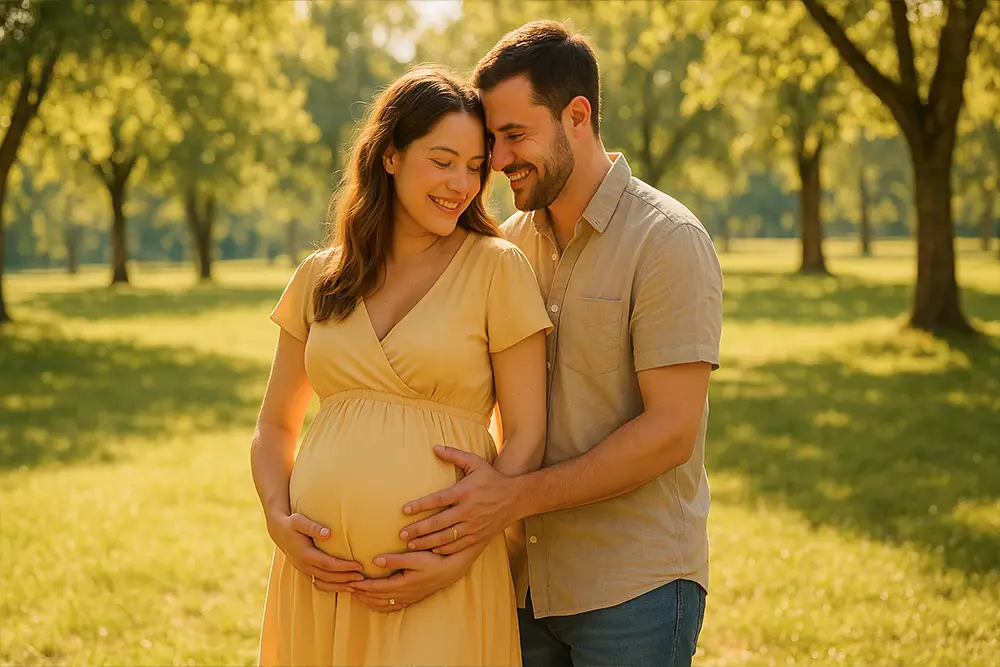 Couple heureux préparant l'arrivée de leur bébé grâce à un prêt naissance