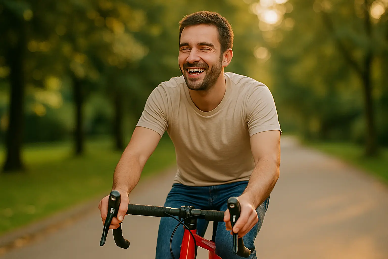 Homme heureux profitant de son nouveau vélo électrique financé via un prêt vert.