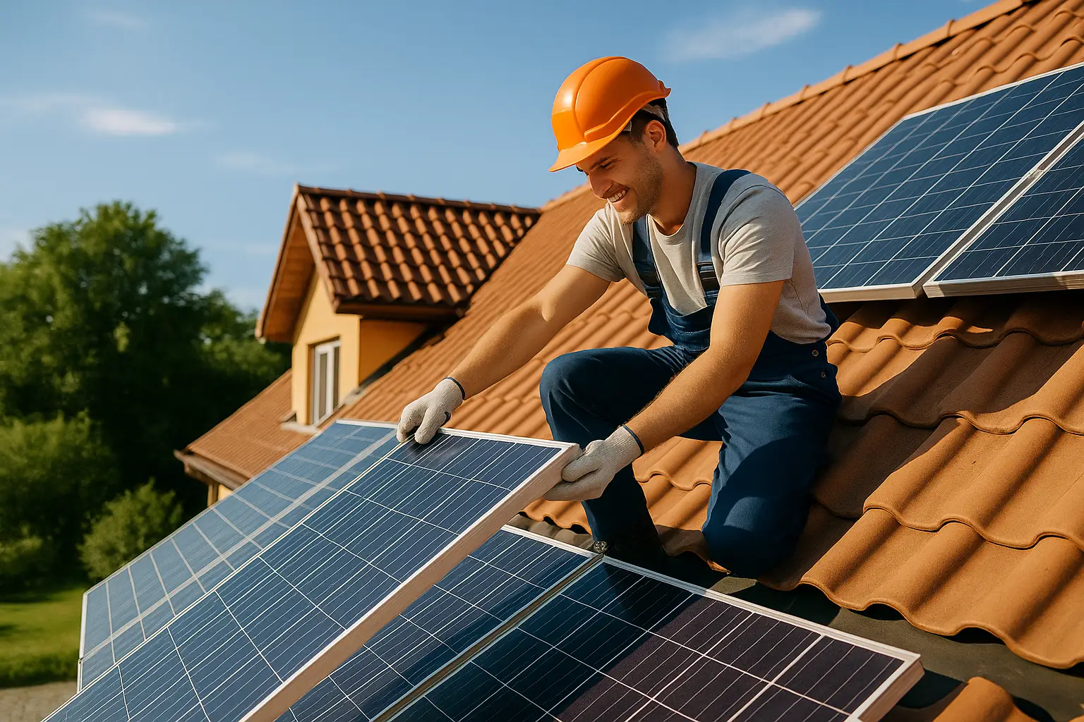 Ouvrier qui installe des panneaux solaire sur le toit d'une maison grâce à un crédit travaux vert
