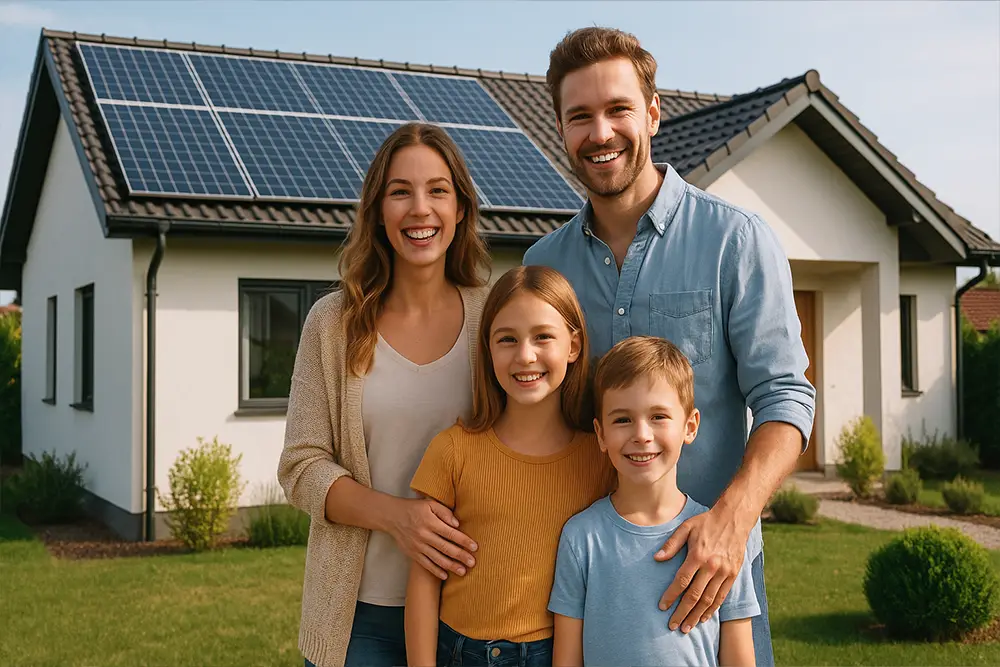 Famille heureuse devant sa maison équipée de panneaux solaires