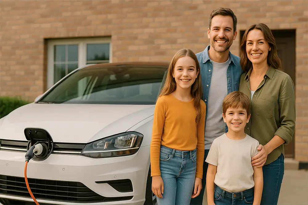 Famille souriante à côté de leur voiture électrique branchée, symbolisant un investissement durable grâce au crédit vert