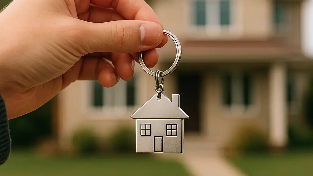 Propriétaire souriant devant sa maison, ayant trouvé une solution financière