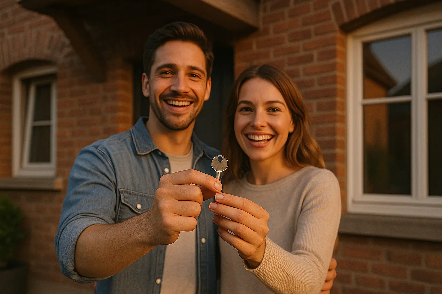 Famille heureuse devant sa maison, projets relancés grâce au crédit propriétaire