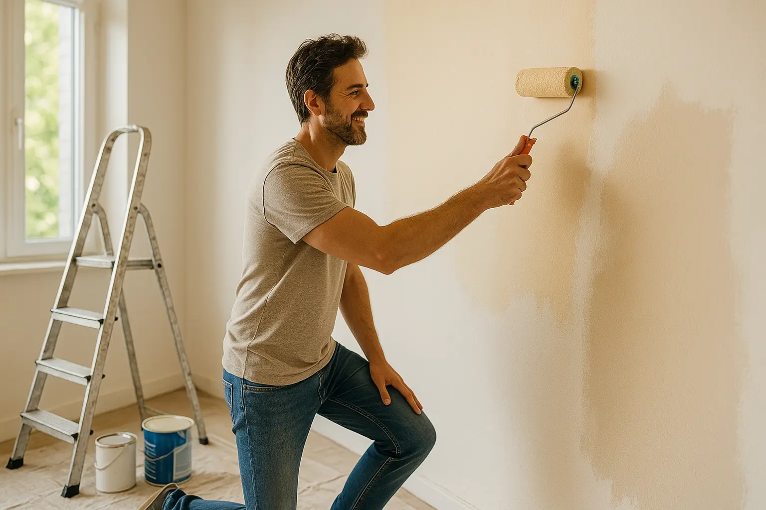 Homme occupé à repeindre le mur de son salon