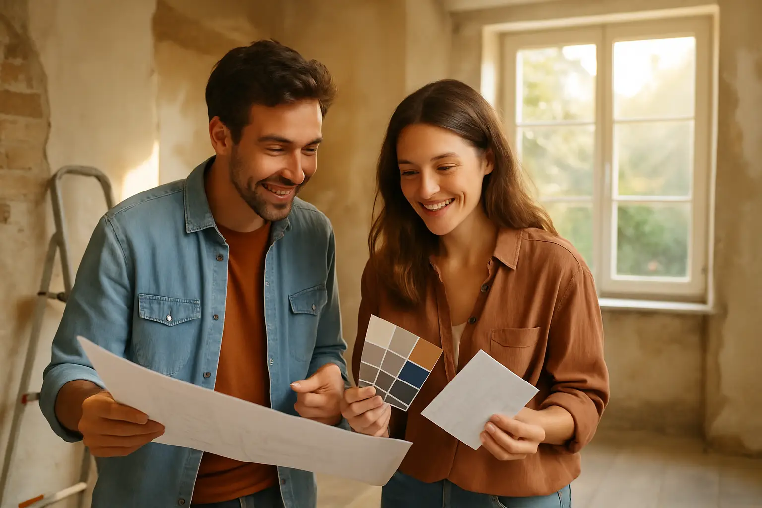Couple souriant, discutant pour un projet de rénovation d'appartement