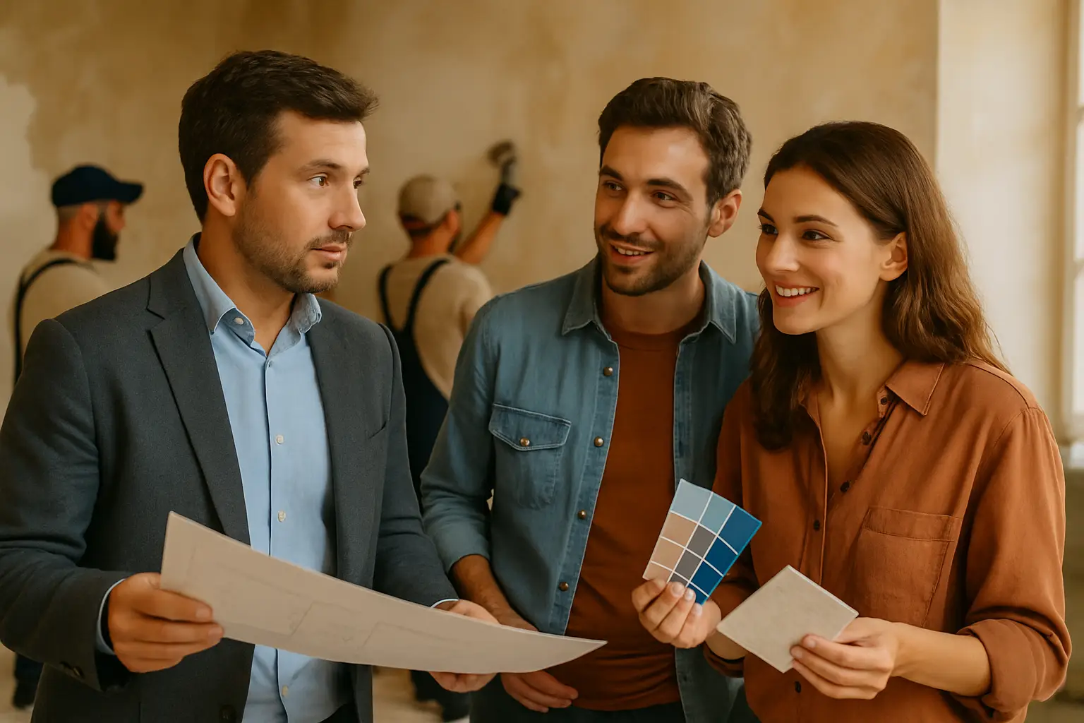 Architecte et un couple souriant, choissisant les couleurs de leur futur appartement grace à leur pret rénovation
