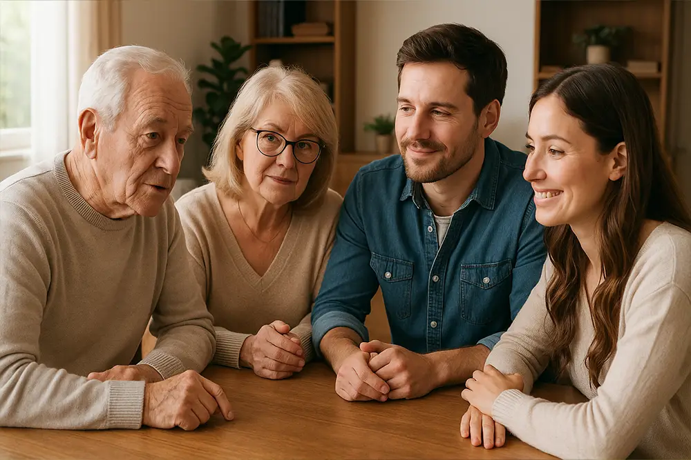 Famille discutant sereinement de la préservation de leur patrimoine grâce à un crédit succession