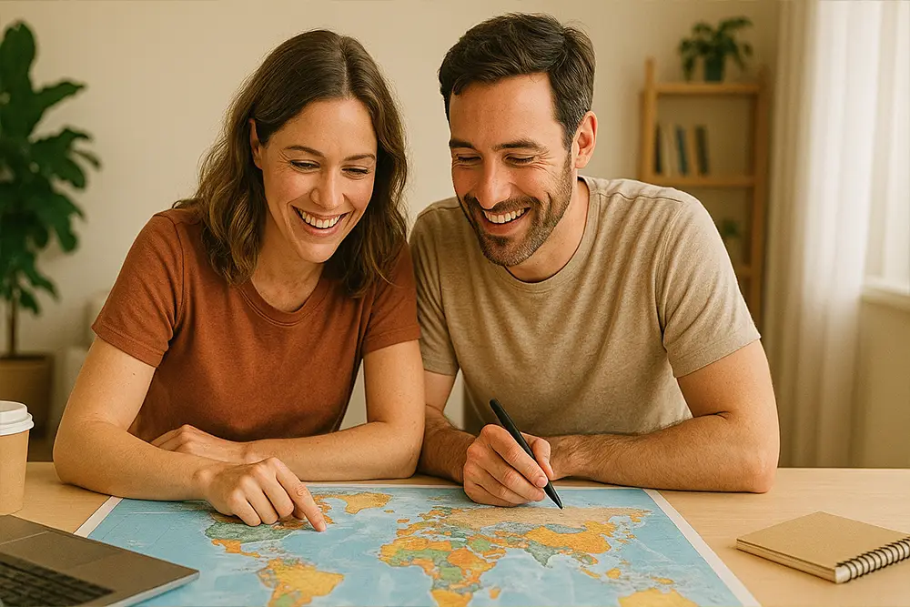 Couple souriant planifiant un voyage à l'étranger avec une carte du monde