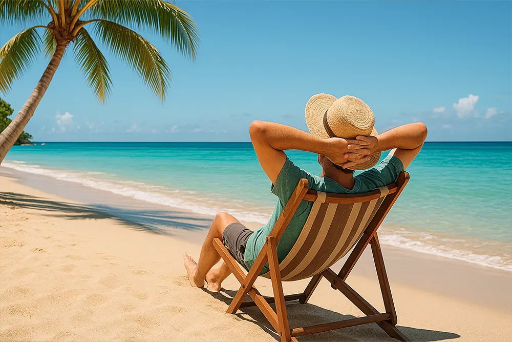 Personne se relaxant sur une plage exotique, symbolisant un voyage sans stress